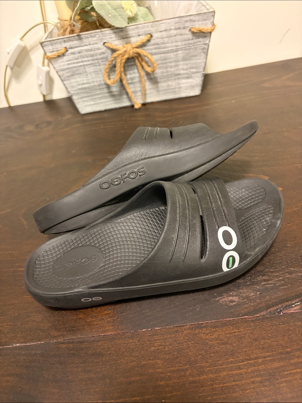 OOFOS Black Slide Sandals with White and Green Logo Accent M6 W8